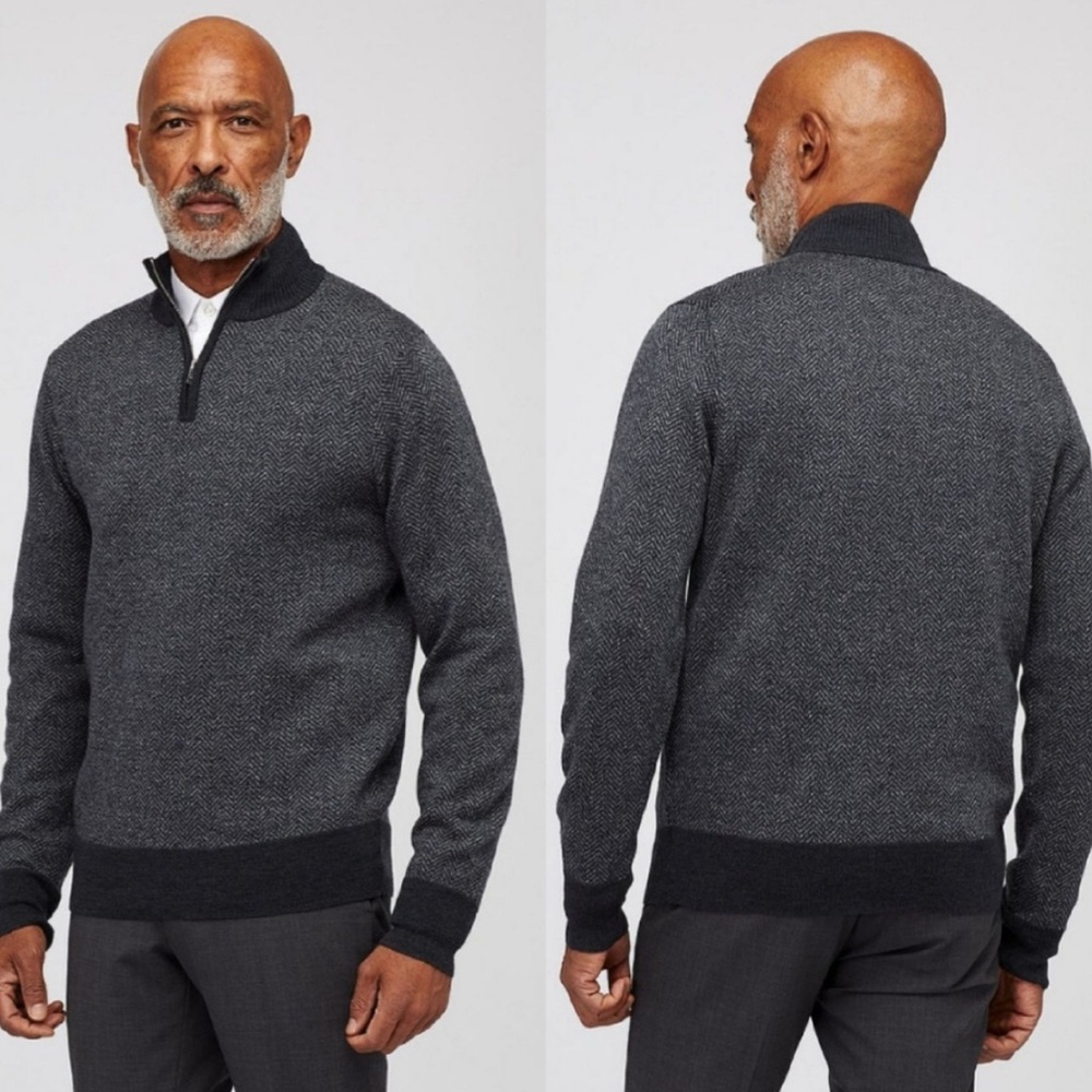 Bonobos Slim Fit XL Merino Wool Herringbone Gray Quarter Zip Sweater